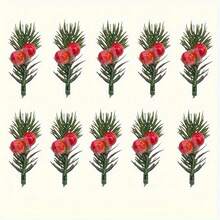 24pcs Artificial Christmas Pine Branches With Cranberries And Plastic Holiday Flowers, Suitable For DIY Crafts, Gift Box Decorations, And Party Supplies Home Decor Christmas Decorations Room Decor