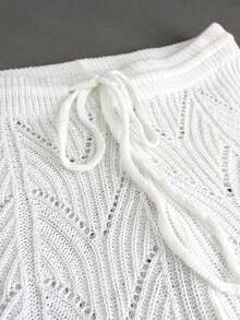 Quần short buộc dây ren dệt kim màu trơn cho nữ, trang phục đi nghỉ dưỡng bãi biển, mùa xuân/hè - trắng - Xem 4