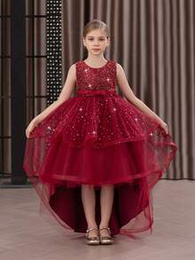 Tween Girl Christmas Elegant Sequin Trailing Tulle Princess Dress, Suitable For Birthday Party, Flower Girl, Wedding, Prom, Holiday Occasions - Burgundy - View 1