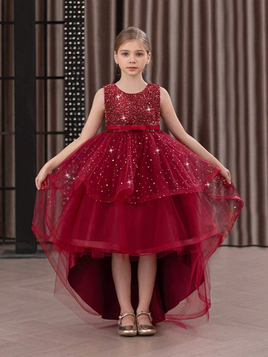 Tween Girl Christmas Elegant Sequin Trailing Tulle Princess Dress, Suitable For Birthday Party, Flower Girl, Wedding, Prom, Holiday Occasions - Burgundy - View 1
