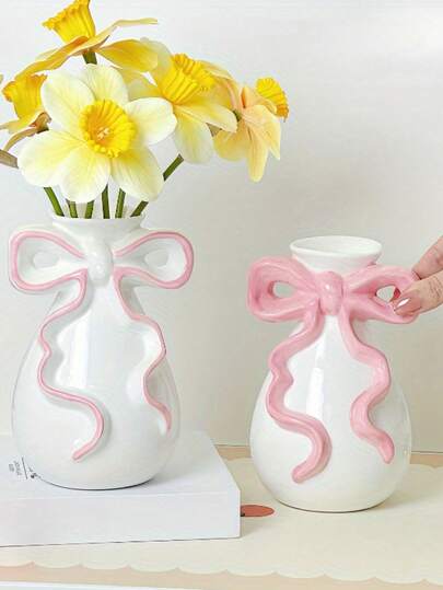 Joivida 1pc Fashionable Polyresin Vase With Bow Decor, Girly Home Decor Vase, Romantic Wedding Decoration Bow Shaped Polyresin Vase, Wedding Gift, Graduation Gift, Birthday Gift, Holiday Gift, Gift For Girlfriend/Boyfriend, Room Decor Vase, Valentine''s Day Vase