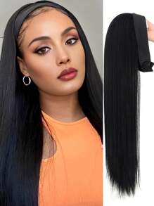 Black Straight Hair Hoop Wig, Women's Long Soft Heat-Resistant Synthetic Fiber Hoop Wig, Suitable For Daily Wear And Parties - Black - View 2