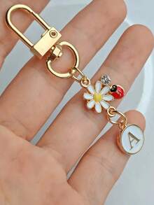 1pc Unisex A-Z Letter Stainless Steel Keychain, Minimalist Letter, Flower, Ladybug Design, Gift For Friends, Bag Pendant - Multicolor - View 3