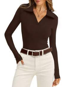 WIHOLL Womens Polo Shirts Long Sleeve Business Casual Tops Collared V Neck Ribbed Knit Sweater Slim Fit Blouses Halloween Christmas New Year - 杏色 - 查看 5