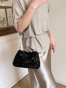 Bolso de hombro pequeño con lentejuelas de moda, bolso cuadrado pequeño con cadena para mujer, lentejuelas - Negro - Ver 3