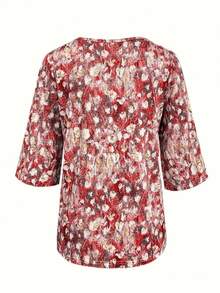 Floral Print V-Neck T-Shirt, 3/4 Sleeve Vacation & Everyday Top, Women Apparel - Red - View 3