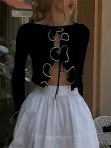 Women's Tie Front Knit Cardigan Solid Color/Contrast Color Long Sleeve Ruffled Cropped Sweater - Black - View 5