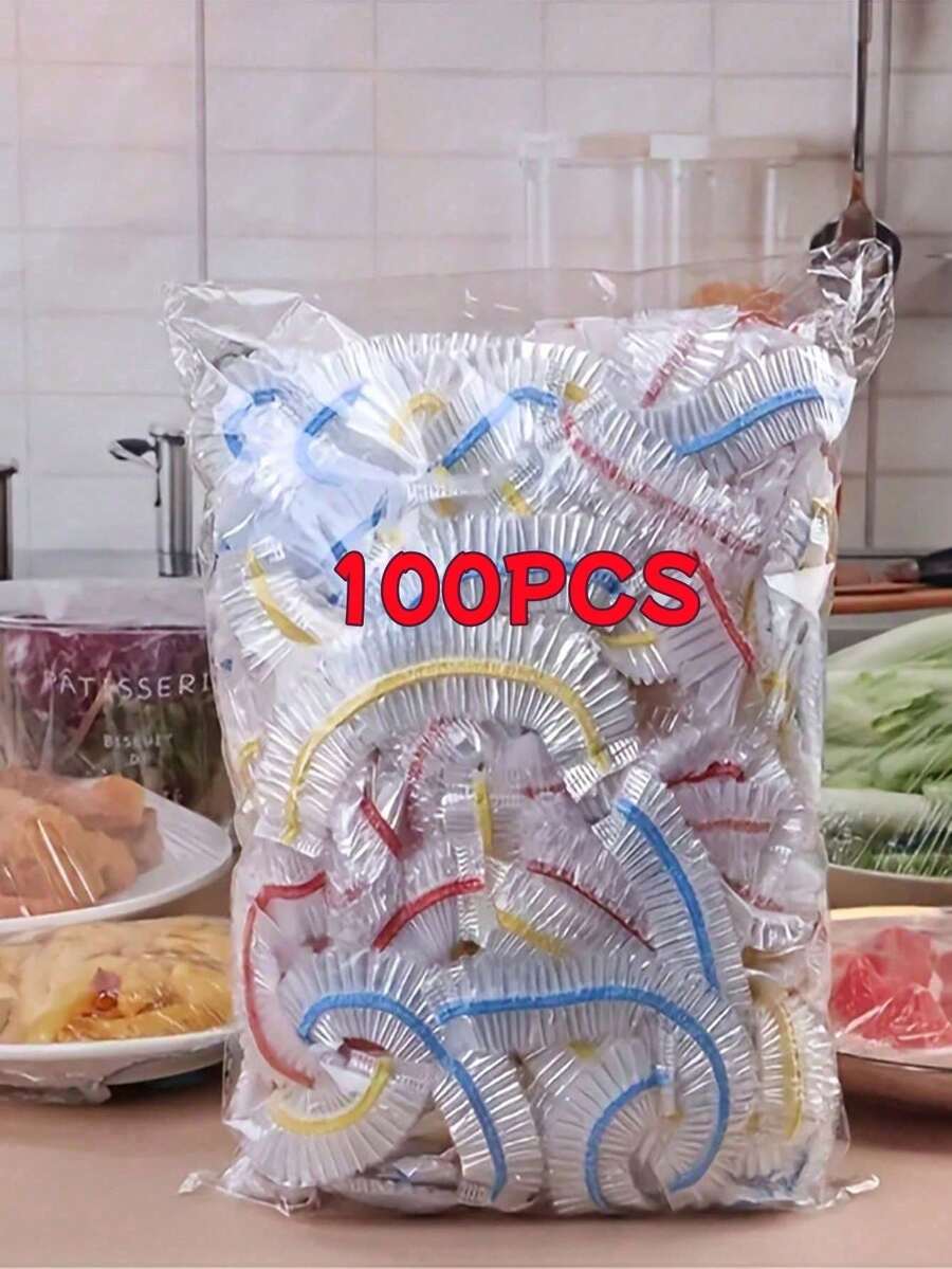 100 片一次性保鲜膜，用于保持剩余食物新鲜，具有弹性封口和自密封功能，适合覆盖碗和盘子，家庭使用