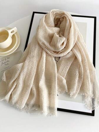 女士纯色亚麻围巾，复古纯色中长围巾，可作装饰长披肩搭配连衣裙