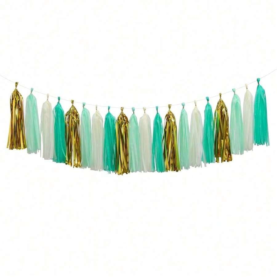Sage-Green Pink-Gold Party-Decorations Tassel Garland - 20pcs Bachelorette Engagement Baby Bridal Shower Tassels Streamers Rustic Wedding Jungle Birthday Party Spring Decor -236620 - 藍綠薄荷色米色金色 - 查看 1