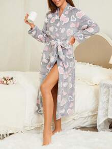 1pc Women's Pink Heart Print Fluffy Robe, Elegant & Fashionable, Thick & Warm For Autumn/Winter, Comfortable For Outdoor, Vacation And Home Wear, Fall, Cozy - Multicolor - View 6