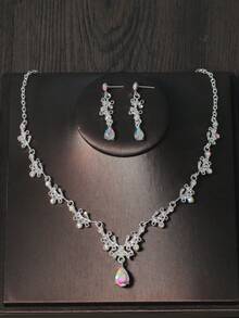 1套彩色婚禮時尚珠寶新娘飾品 經典水晶皇冠+項鍊+耳環 4件套，適合婚紗、伴娘團、慶典 - 彩色 - 查看 7