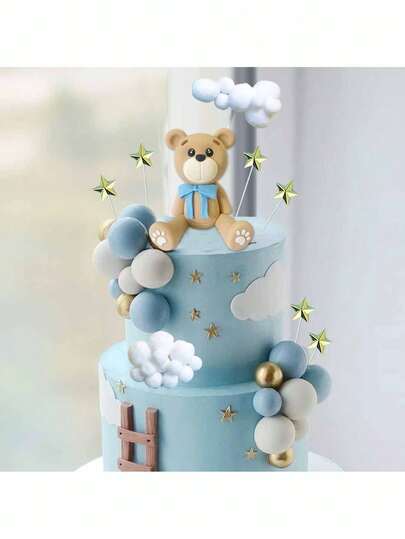 33 件熊形蛋糕装饰、蓝色熊形蛋糕装饰套装、星形蛋糕插块、云形蛋糕插块、蓝白金泡沫球蛋糕装饰、适用于生日派对蛋糕装饰、洗礼性别揭晓派对蛋糕烘焙装饰、熊形主题蛋糕装饰