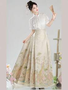 1 件现代中国汉服，复古风格绿色琵琶刺绣腰部收腰中长连衣裙，适合成人中国文化爱好者