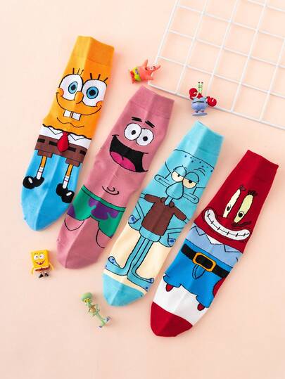 SpongeBob SquarePants 4 双男士趣味个性可爱多色提花海绵宝宝系列章鱼图案中筒袜，男女通用，运动装，四季皆宜，欧洲尺码，舒适透气耐用，色彩鲜艳，适合日常穿着，优质面料，不闷热，秋季