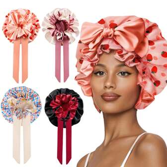 Gorro de seda para dormir para mujeres, gorro de ducha de satén con estampado, banda ajustable para el cabello rizado