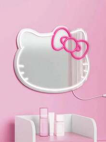 Sanrio 1 szt. Lustro ścienne do sypialni z neonowymi światłami Anime KT Cat, toaletka, garderoba, salon, korytarz, neony, pasek lustrzany ze ściemnialnym oświetleniem LED, dekoracja łazienki, lampka nocna do toaletki, neonowe światła LED zasilane przez USB/baterię, różowa dekoracja ścienna do sypialni, nadaje się do pokojów, na walentynki, urodziny, prezenty ślubne, do domu, dekoracja świąteczna, dla dziewczyn, żon, przyjaciół, rodziny, kochanków