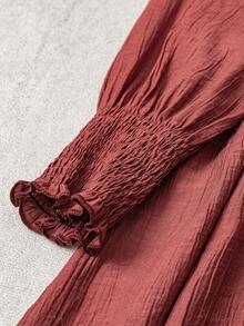 Đầm maxi nữ bằng vải lanh nhăn thoải mái, kiểu dáng thường ngày, cổ bẻ, cài nút, thắt lưng, tay áo dài, thanh lịch cho mùa xuân. - Màu Đỏ Sâu - Xem 5