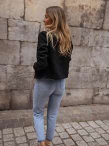 Fashionable & Elegant Solid Color Thick Wool Ribbed Front Button Office Cardigan, Autumn/Winter - Black - View 2