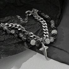 1pc Titanium Steel Double Layer Crackle Beads Bracelet, Unisex Street Hip Hop Style Jewelry Accessory