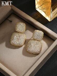 KMT 2pcs Copper Alloy Cubic Zirconia Inlaid Splicing Square High-End Fashion Earrings For Women, Suitable For Party, Daily Wear, And Dating