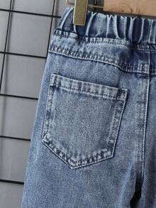 1pc Kids' Casual Tapered Medium Wash Blue Jeans, Suitable For Spring, Summer, Autumn - Medium Wash - View 6