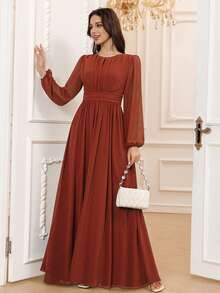 Volly Toych 锈棕色春季优雅A字圆领长袖及地雪纺正式伴娘礼服、婚礼宾客礼服、无衬里袖子 - 鏽棕色 - 查看 4