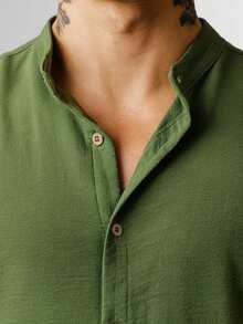 Men's Short Sleeve Shirt With Priest Collar, Comfortable, Summer , Fresh, Easy To Iron And Quick To Dry - Màu xanh Ô liu - Xem 3