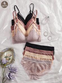 4pcs/Set Women's Sexy French Lace Cross Strap Padded Bra Set, Comfortable Wireless, Adjustable Straps, Triangle Cup Lingerie Set - Multicolor - View 2