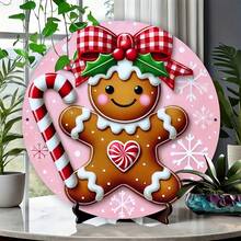 1pc Round Metal Sign Displaying A Pink And Red Gingerbread Christmas Wreath, Suitable For Home, Bar Or Cafe Decor Home Decor Christmas Decorations Room Decor