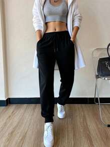 Pantalones De Cintura Alta Para Mujer Con Bolsillos En Diagonal Y Costura al frente - Negro - Ver 1