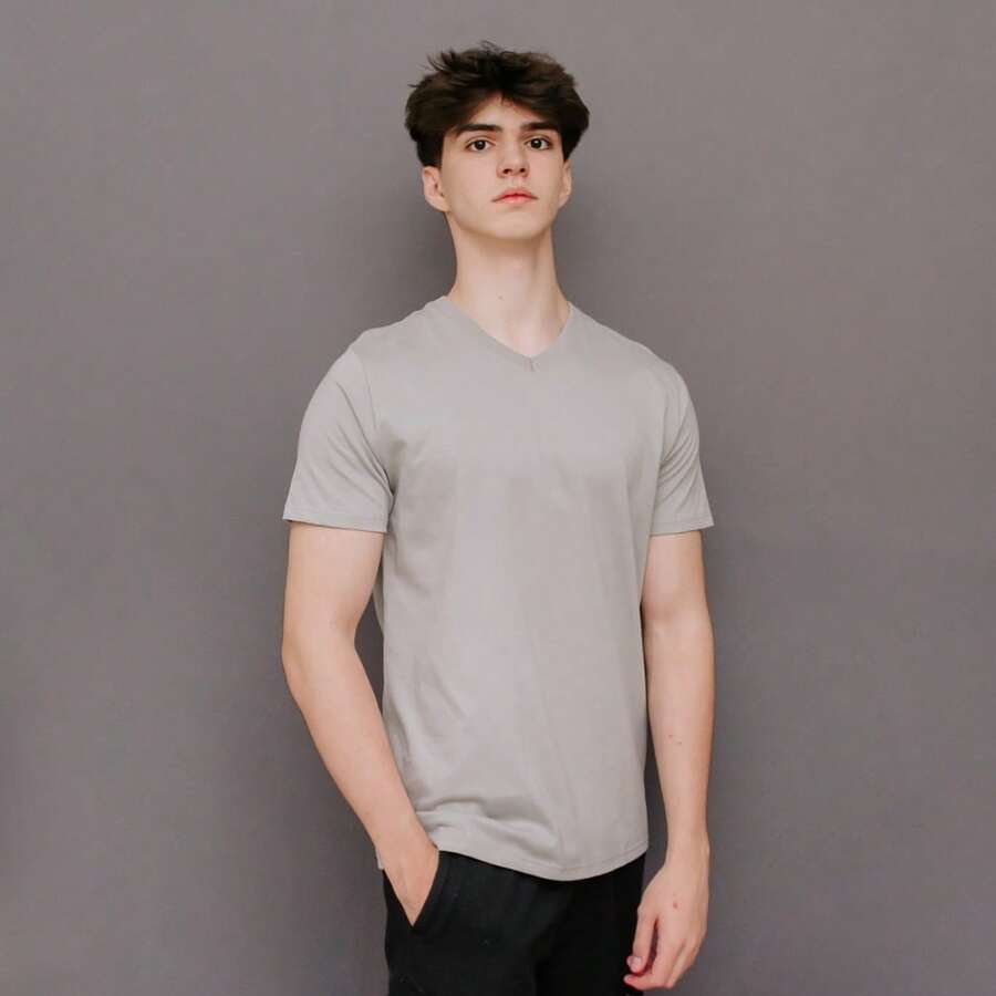 Malwee Original Men's Basic Plain V-Neck T-Shirt 100% Cotton Casual Comfortable Premium Colors - 淺灰色 - 查看 1
