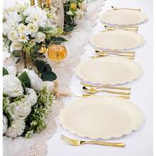 50 Pieces Green Paper Plates 9 Inch Green Scalloped Plates Disposable Dinner Plate For Wedding Shower Birthday Party-372722 - 象牙色扇貝形紙盤 - 查看 7
