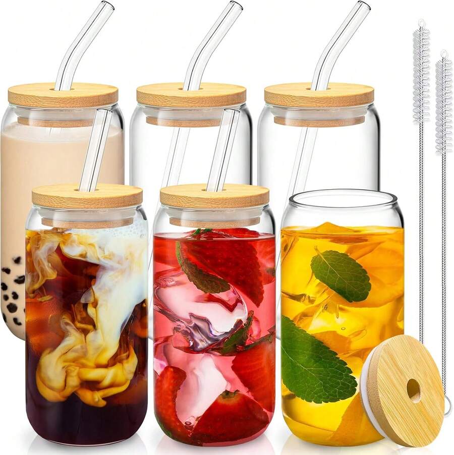 6 PCS 16oz Drinking Glasses With Bamboo Lids And Glass Straws, Glass Cups With Lids And Straws, Beer, Iced Coffee Glasses, Soda, Gift 1 Cleaning Brushes. - 6pcs - 查看 1