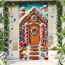 2D Door Hanging Decor, 1pc Christmas Door Hanging Backdrop 35.4x70.8 Inch Vivid Polyester Fiber Holiday Decoration, Featuring Red Star Sky, Gingerbread House And Snowy Landscape Design, No Power Needed, Suitable For Porch, Party, Wedding, Birthday, Front Door And More, 2D Flat Design