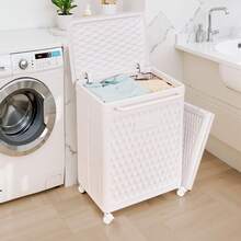 VECELO White Laundry Hamper With Wheels & Lid - 2-Section Rolling Storage Basket, Lockable Casters For Home Closet Organizer, 19x14x19 Inch - trắng - Xem 7