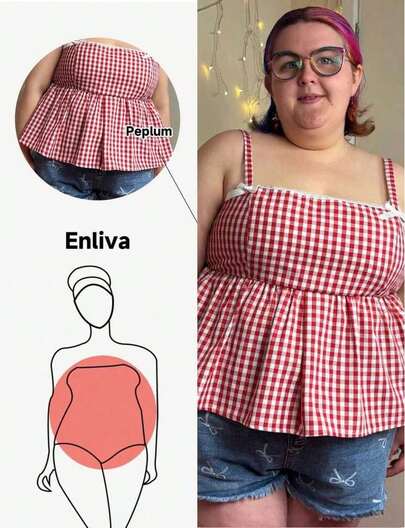 Enliva Top tipo camisola con volantes de encaje y estampado a cuadros rojos y blancos, en corte evasé con moño, para tallas grandes, para verano