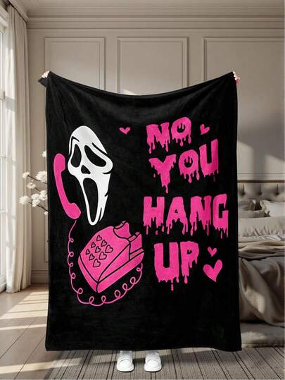 1pc Comfortable Flannel Blanket With Classic Ghost Face, Retro Telephone, And "NO YOU HANG UP" Text, Combining Horror And Chic Style, Suitable For Movie Fans Or Unique Decor Seekers, Bedroom Decor, Picnic, Travel, Wool Blanket, Bed Blanket, Plush Blanket, Leisure Blanket, Autumn Blanket, Summer Quilt