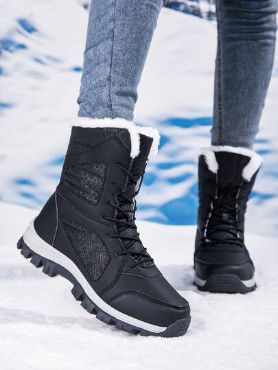 Women's Outdoor Warm Snow Boots, Solid Color Outdoor Lace-Up Women's Snow Boots For Outdoor Winter