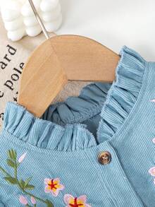 年轻女孩休闲纯色针织花卉刺绣纽扣荷叶边领长袖上衣，适合春秋季日常、居家、户外、运动 - 藍色 - 查看 5