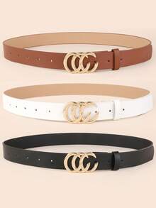 3pcs Fashionable Minimalist PU Leather Belt Set, Alloy Letter Buckle Waist Belt For Women, Suitable For Daily Commute - Multicolor - View 2