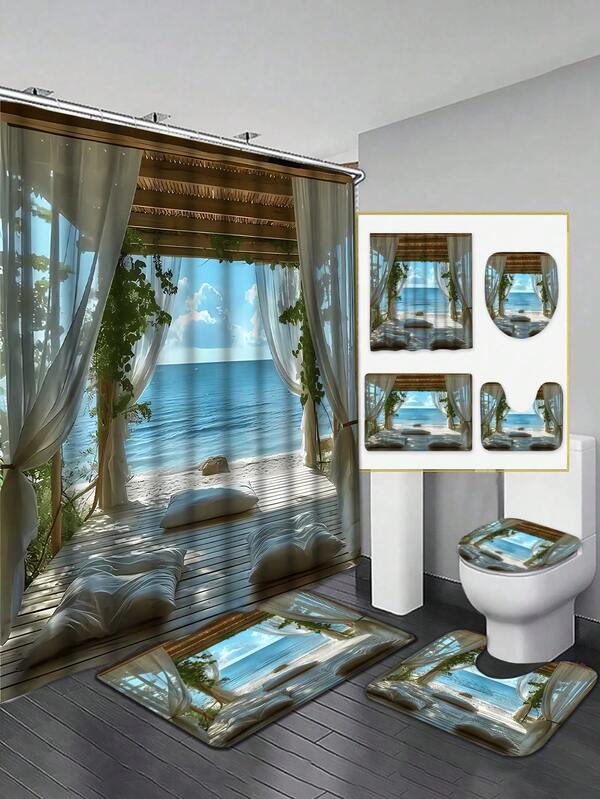 Duschvorhang mit Strand- und Himmelsmotiv mit Haken - wasserdichtes Polyester - perfekt für alle Jahreszeiten, ideal für Wohndekoration und Badezimmer-Raumtrennung