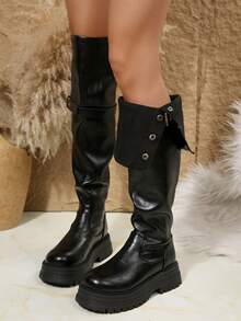 2025 Autumn/Winter New Petite Thick Leg Tall Boots, Thick Sole + Buckle Design High Shaft Boots For Women - Black - View 8