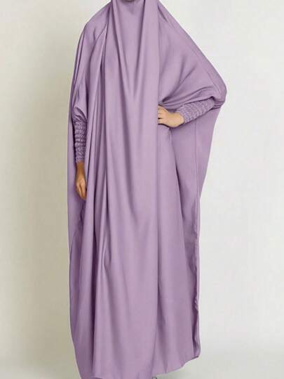 1pc Solid Color Elastic Sleeve Design Prayer Abaya Khimar, Loose Fit Cinched Sleeve Abaya, Suitable For Women's Daily Outing And Prayer, Muslim Islamic Clothing