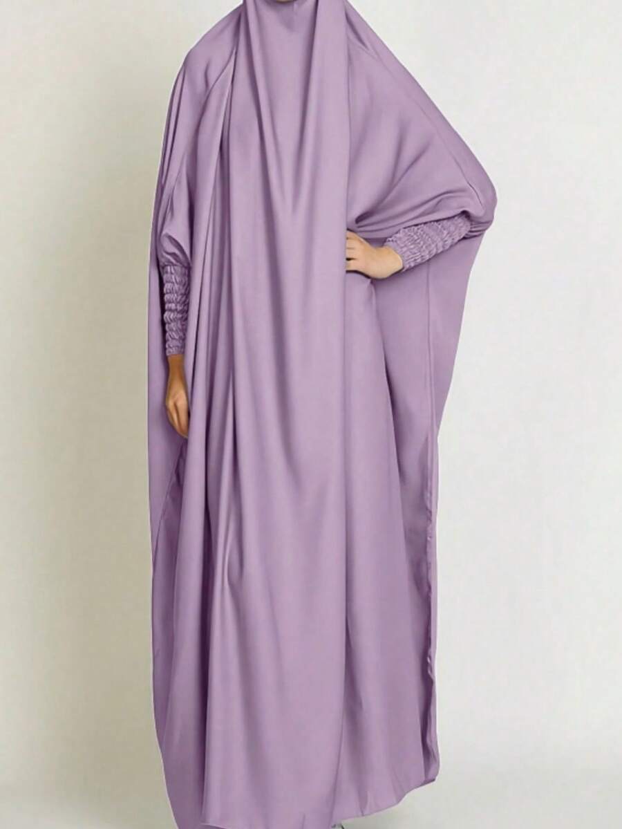 1pc Solid Color Elastic Sleeve Design Prayer Abaya Khimar, Loose Fit Cinched Sleeve Abaya, Suitable For Women's Daily Wear And Prayer, Muslim Islamic Clothing
