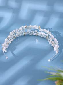 1pc Pearl Double Headband With Crown Decor Elegant And Romantic Hair Accessory For Wedding Banquet Performance Tiaras Valentine's Day Accessories - Gold - View 5
