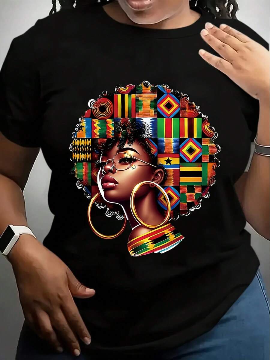 African Queen Graphic Print T-Shirt, Black Short Sleeve Crew Neck, Vibrant Afrocentric Design, Casual Summer Top For Women, Stylish And Comfortable Fit, Versatile Clothing Vibrant Print Tee C - Black - View 1