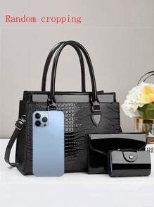 斋月礼品套装 3 件套 - 优雅时尚托特包，配有零钱包和卡夹，多功能大容量斜挎包，新款鳄鱼纹女式设计，旅行友好型单肩包/斜挎包，多功能休闲奢华大容量包 - 彩色 - 查看 3
