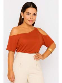 Women's Basic Blouse With One-Sleeve, Loose, Open Shoulder - Terracotta - View 2