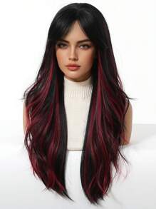 26 Inch Black & Red Long Straight Synthetic Heat Resistant Wig With Bangs, Suitable For Daily Wear, Parties And Cosplay - Piano Color - View 6